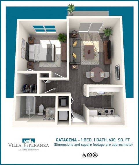 Floor plan for 1 bed, 1 bath, 589 sqft